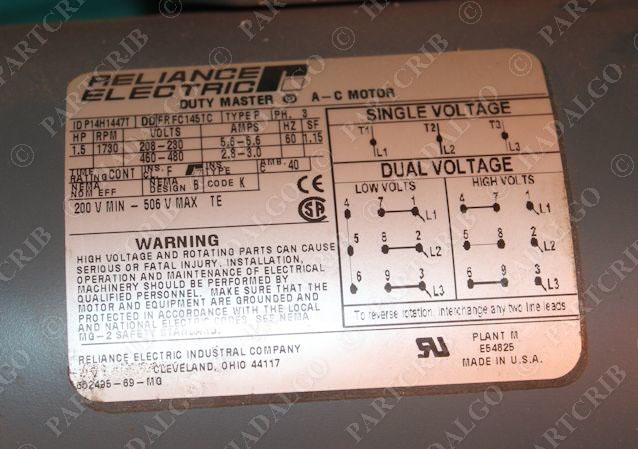 Reliance Electric, P14H1447T, Duty Master AC Motor Type P ... 3ph motor wire diagram 