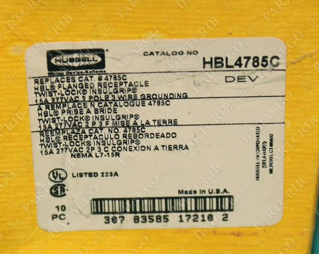 Hubbell, HBL4785C, Flanged Receptacle Twist-Lock 15A 277vac Female Recessed Mount NEW SD18553
