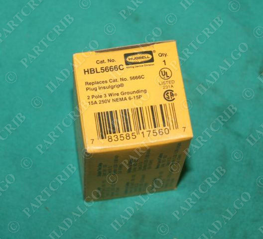 Hubbell, HBL5666C, 5666C, Insulgrip Plug 2Pole 3Wire 15A 250v 208 220 Slot NEW