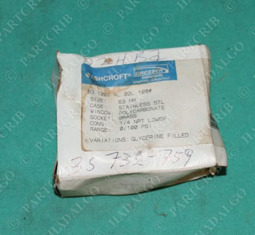 Ashcroft, 63-1008A-L-02L-100, Liquid Filled Glycerin  Pressure Gauge 0-100psi 1/4NPT NEW