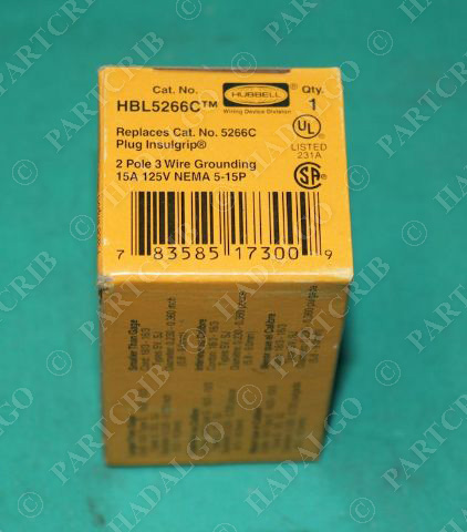 Hubbell, HBL5266C, Insulgrip Plug 15A 125V 2Pole 3Wire NEW