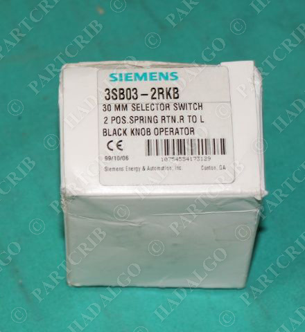 Siemens, 3SB03-2RKB, 30mm Selector Switch 2Pos Spring Return Black Knob NEW