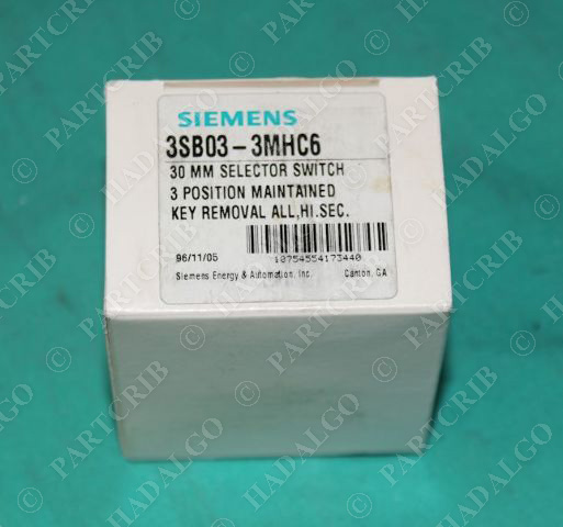 Siemens, 3SB03-3MHC6, Selector Switch 30MM 3Pos Maintained No Key NEW