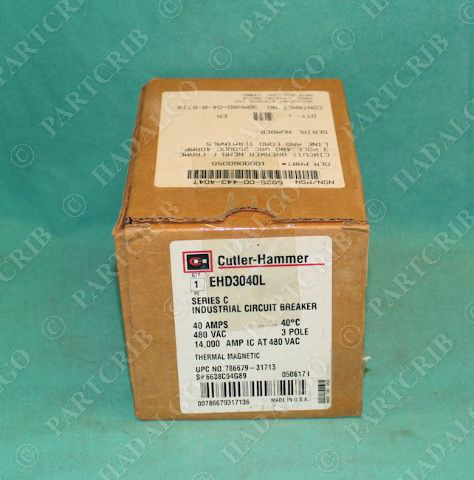 Cutler-Hammer Eaton EHD3040L Industrial Circuit Breaker 40A 480VAC 3P NEW