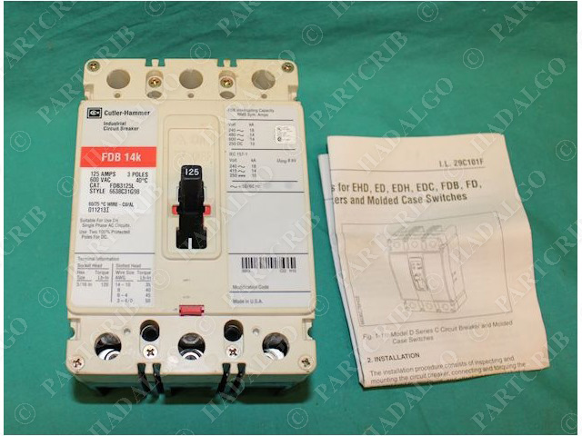 Cutler-Hammer FDB3125L Industrial Circuit Breaker FDB 14k 125A 600VAC 3Poles NEW